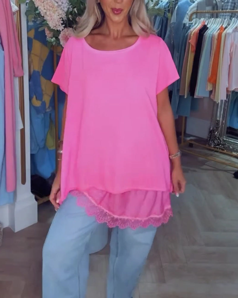 Lace Spliced Short Sleeve T-Shirt