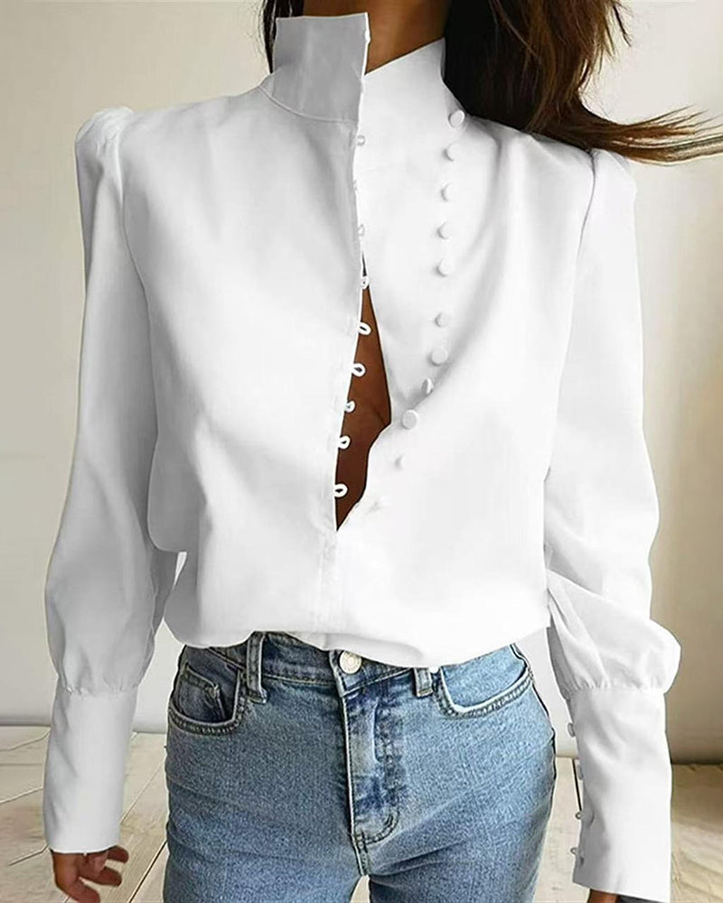 Stand Collar Button-Up Long-Sleeve Blouse