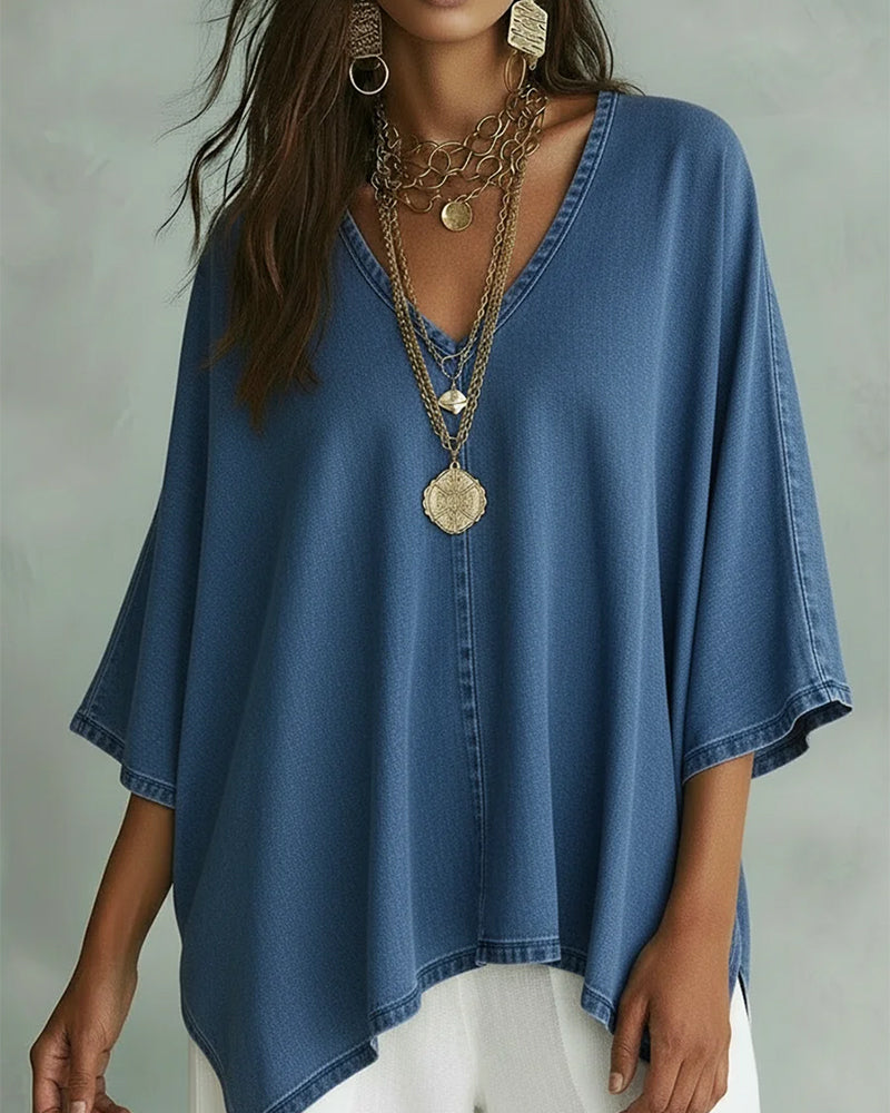 Irregular V-Neck Loose Denim Blouse