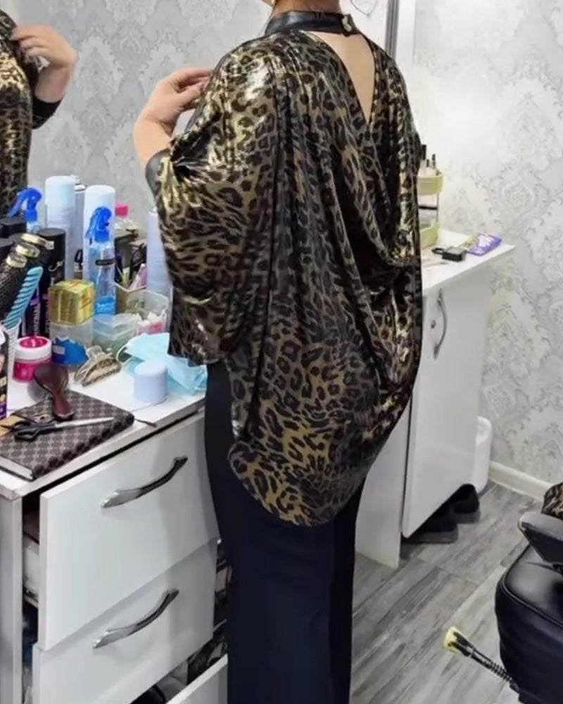 Stylish Loose Leopard Print Crew Neck Blouse