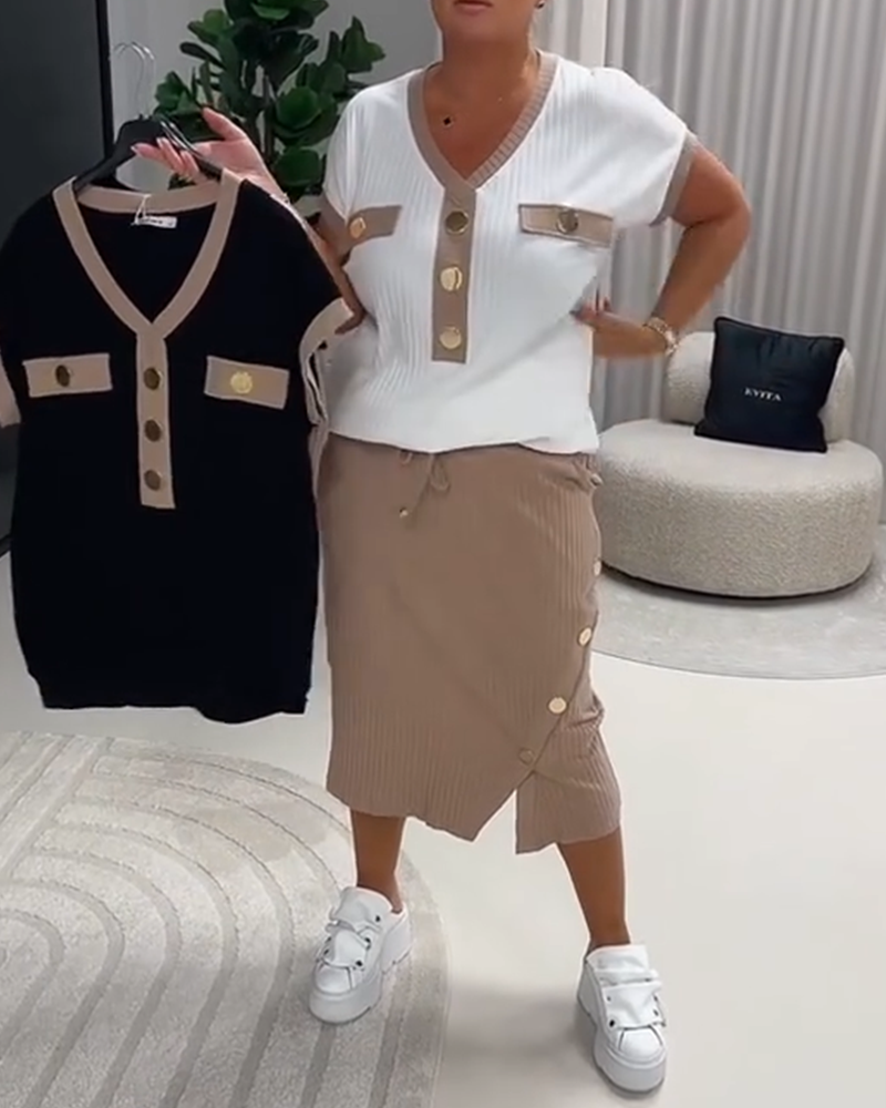 V-Neck Fashion Ribbed Button T-Shirt