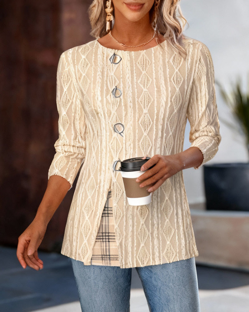 Plaid Patchwork Round Neck Top