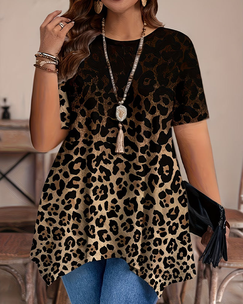 Gradient Leopard Print Asymmetric T-Shirt