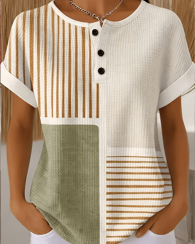 Color Block Stripe Button Crew Neck Blouse