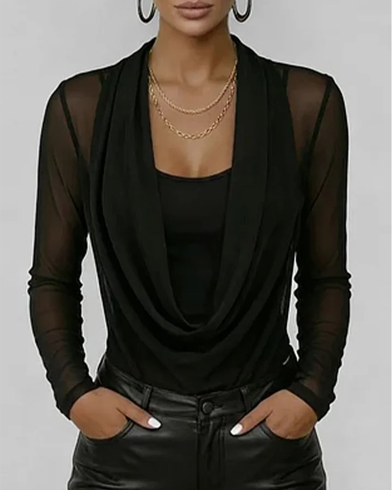 Mesh Layered Cowl Neck Long Sleeve Two-Piece Set