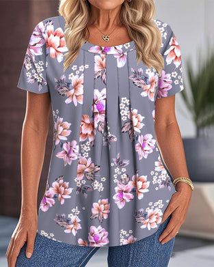 Crew Neck Pleated Print Blouse