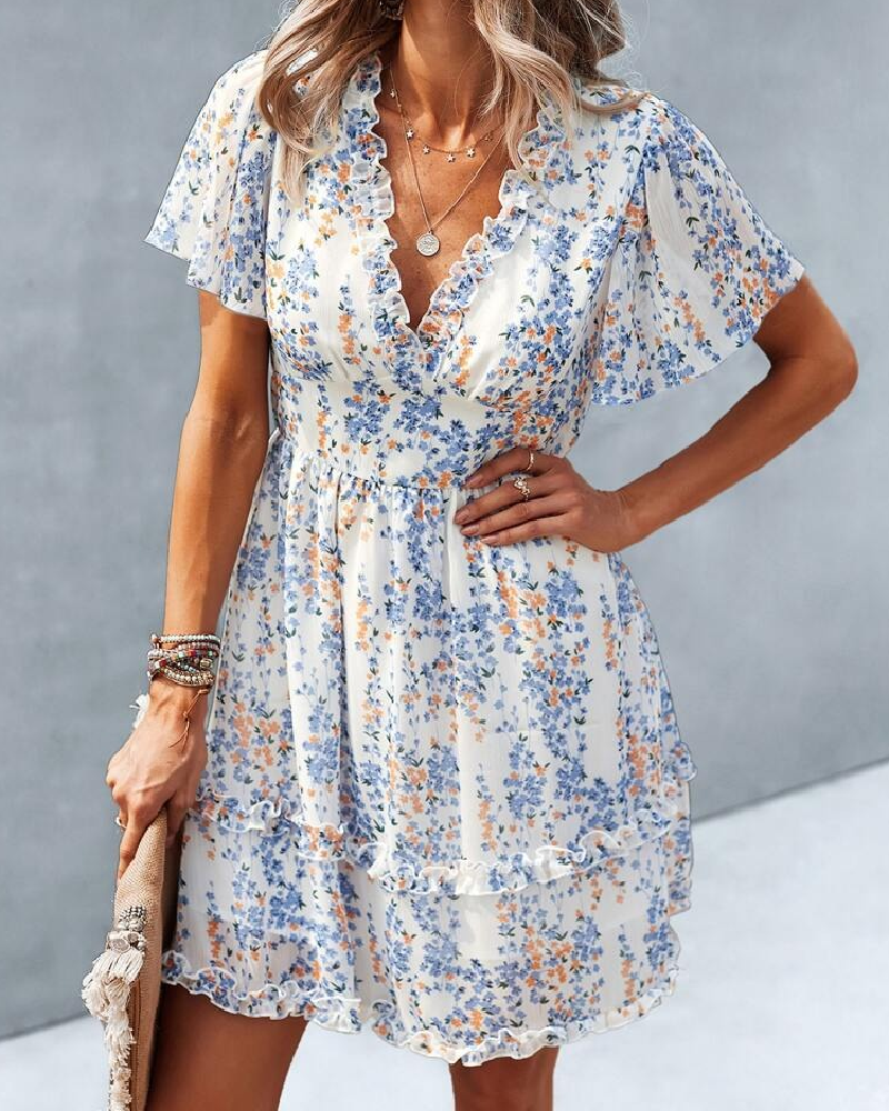 Tiny Floral V-Neck Ruffled Dress