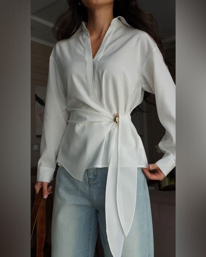 Solid Color Belted Blouse