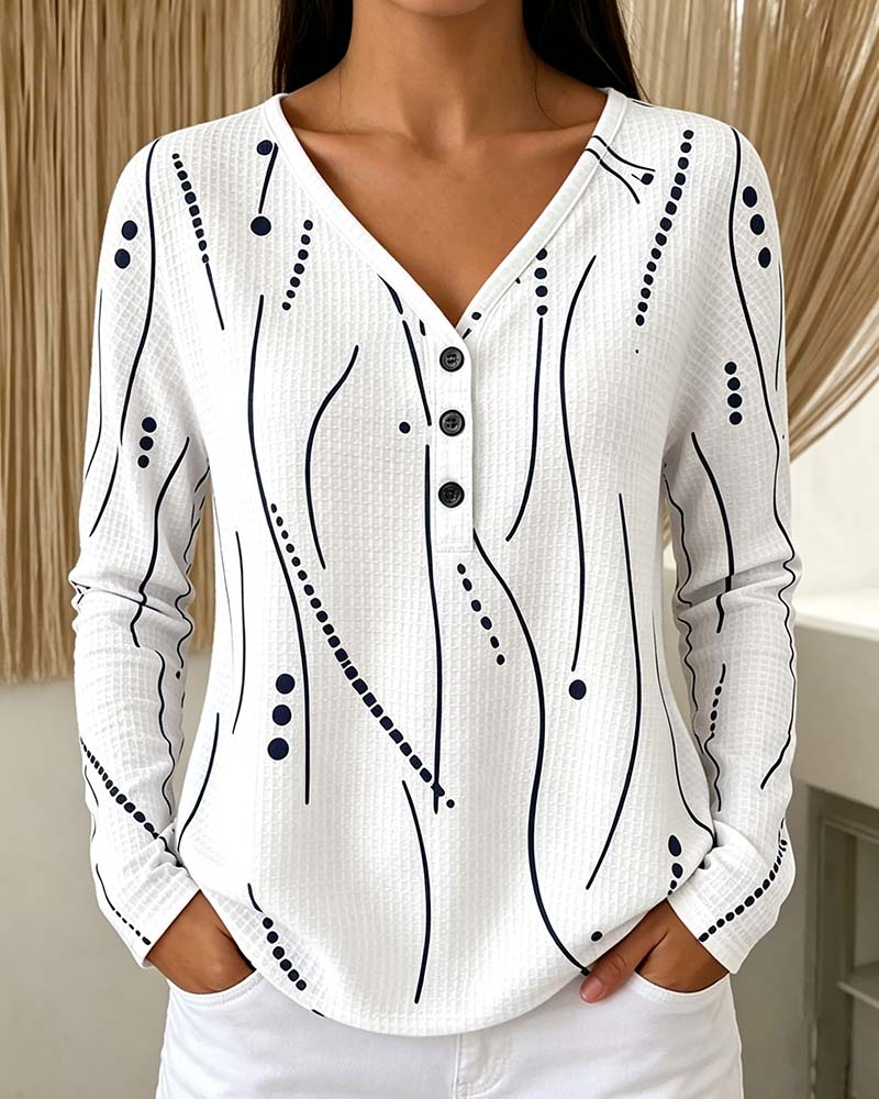 V-Neck Button Long Sleeve Top