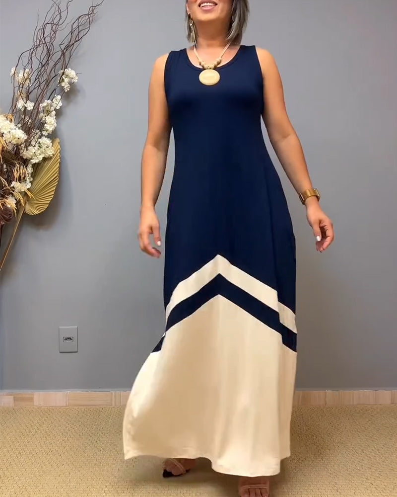 Sleeveless Contrast Color Slit Long Dress