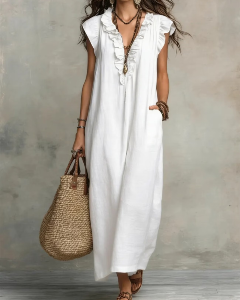 V-Neck Ruffled Sleeveless Long Dress