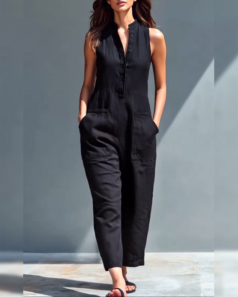 Sleeveless Stand-Up Collar Wide-Leg Jumpsuit