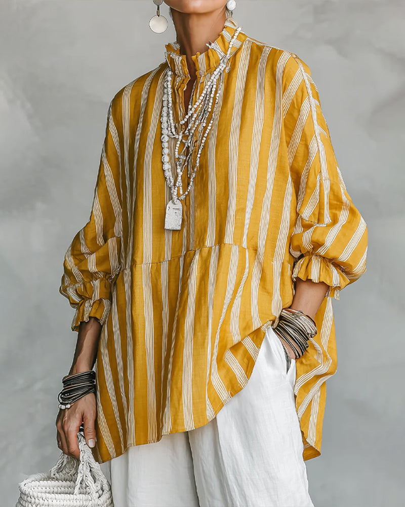Stand Collar Lantern Sleeve Striped Blouse