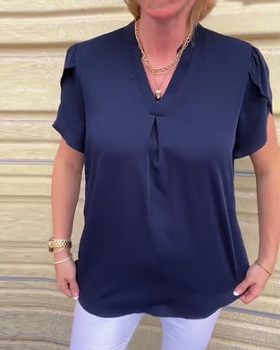 Solid Color V-Neck Pleated All-Match Blouse