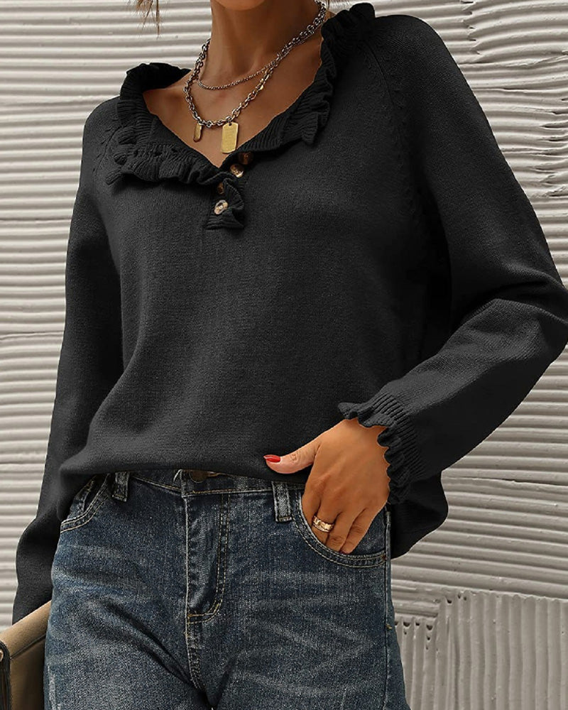 Casual solid color lapel button ruffle pullover