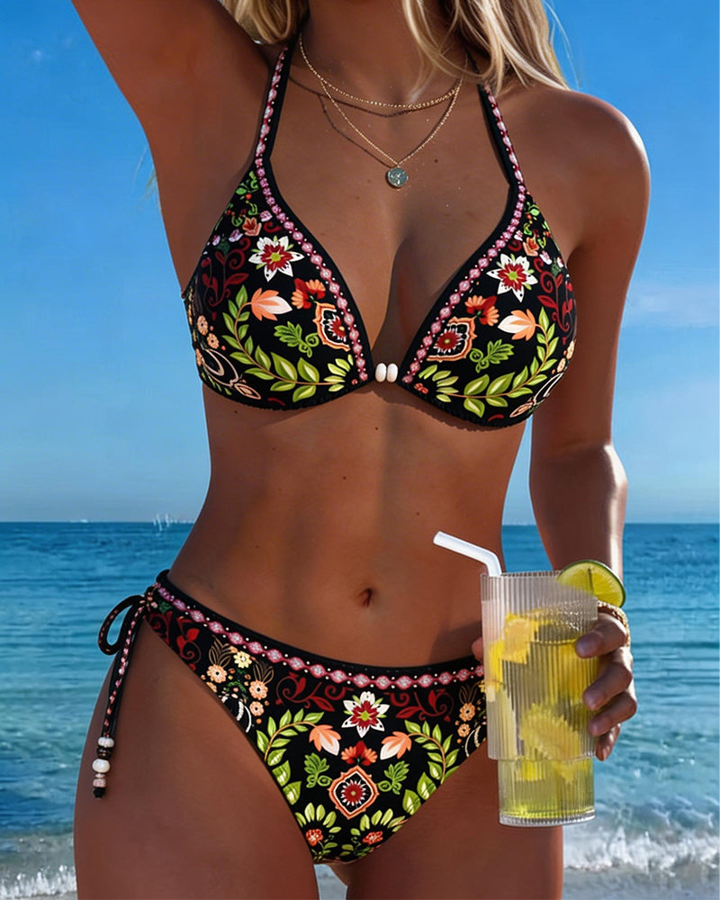 Ethnic-Style Floral Halterneck Two-Piece Bikini