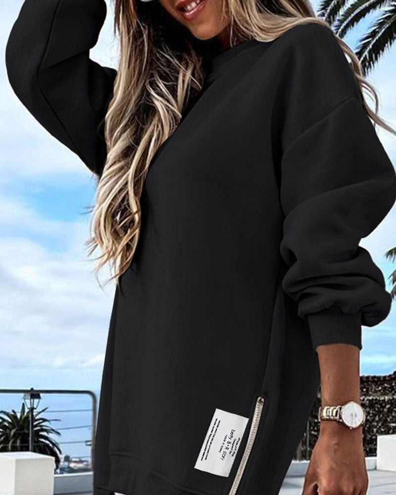 Long Sleeve Pullover Zipper Slit Casual Sweatshirt Dress