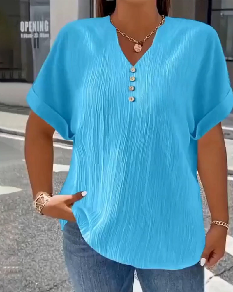 100% Cotton V-Neck Loose Textured T-Shirt