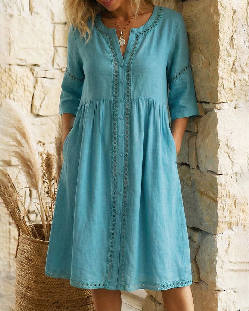 100% Cotton Hollow Out V-Neck Button-Front Dress