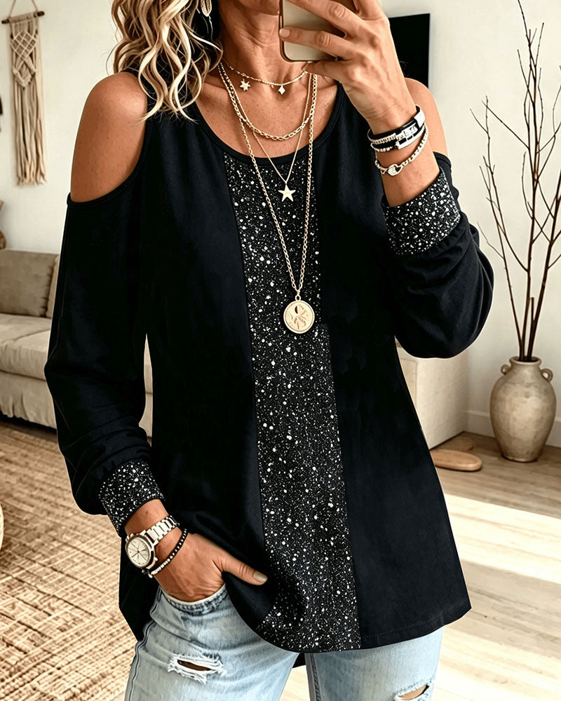 U-Neck Off-Shoulder Spliced Long Sleeve Top