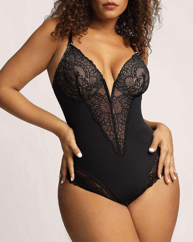 Deep-V Neck Lace Shapewear Bodysuit