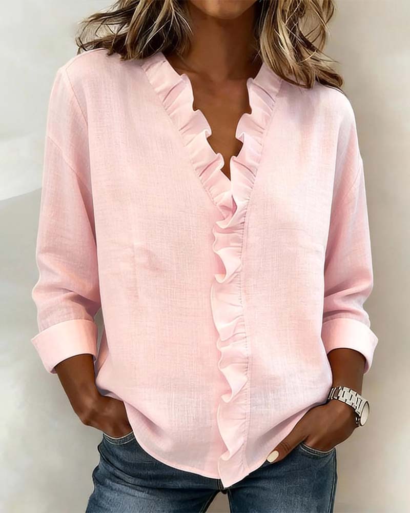 Ruffle V-Neck Long-Sleeve Blouse