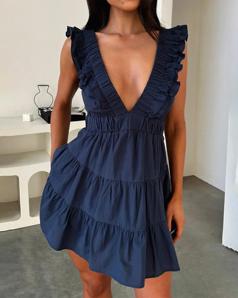 Deep V Ruffle Sleeveless Dress