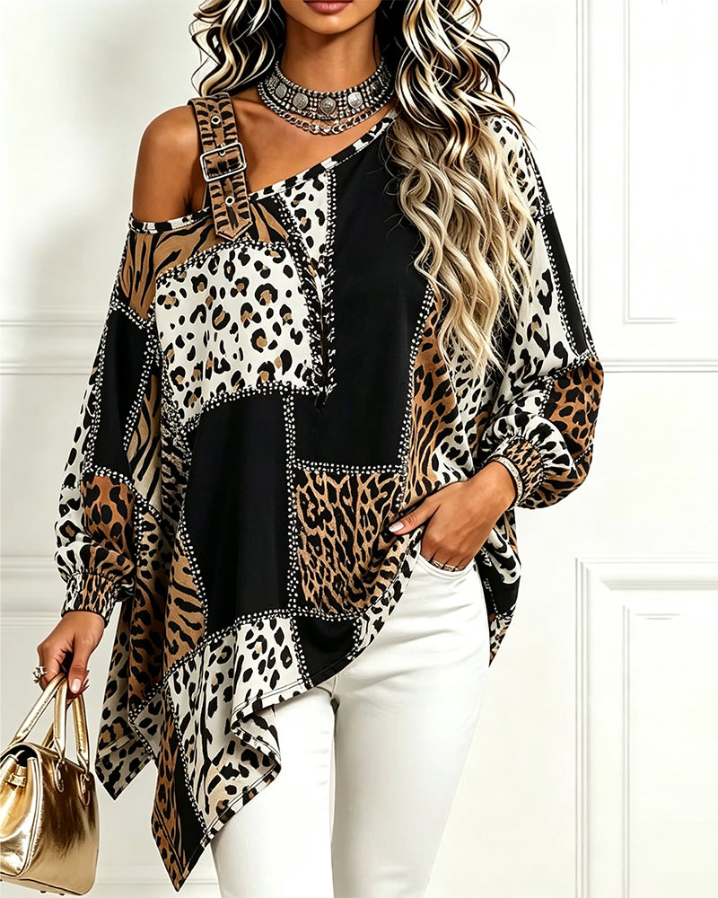 Leopard Print Patchwork Asymmetric Neck Long Sleeve Blouse
