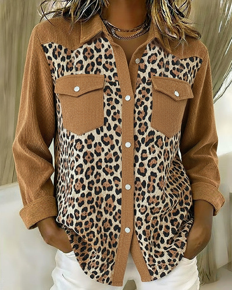 Long-Sleeved Leopard Print Patchwork Shirt