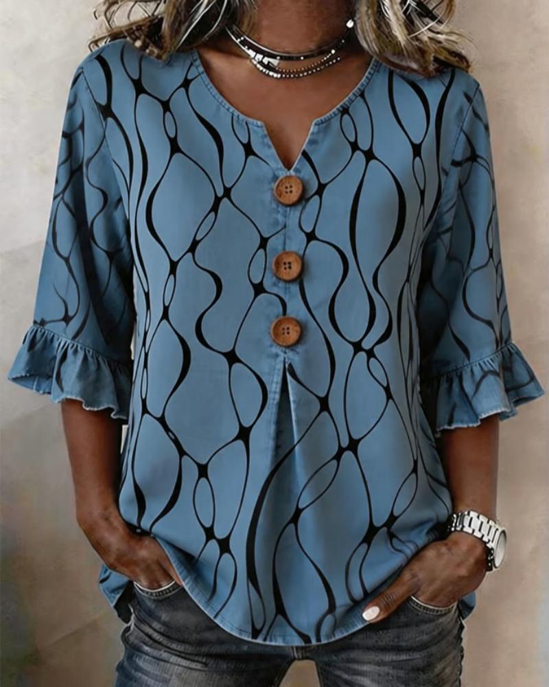 Abstract Line Three-Button Ruffle Sleeve Blouse