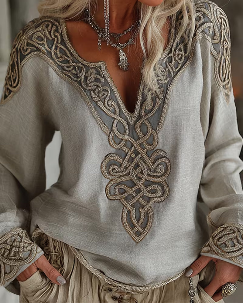 V-Neck Line Contrast Patchwork Blouse