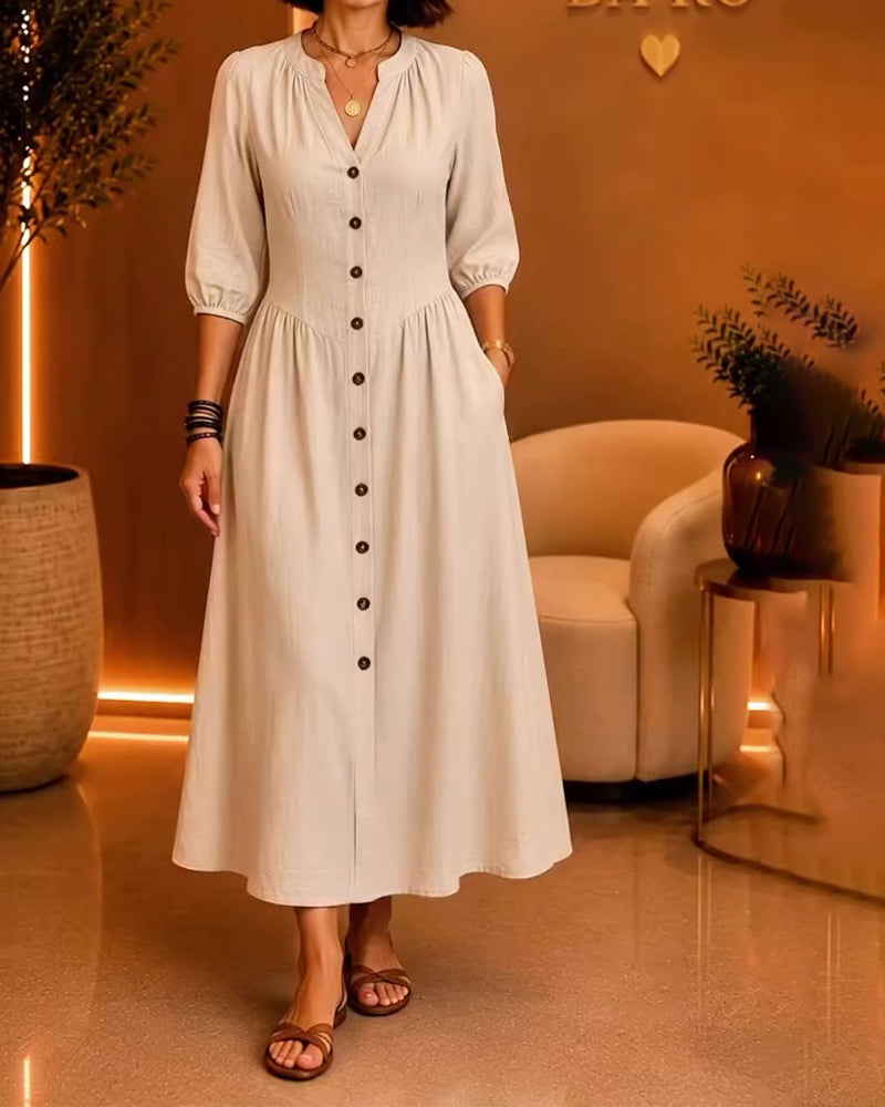 V-Neck Button Ruched Elbow-Length Sleeve Dress