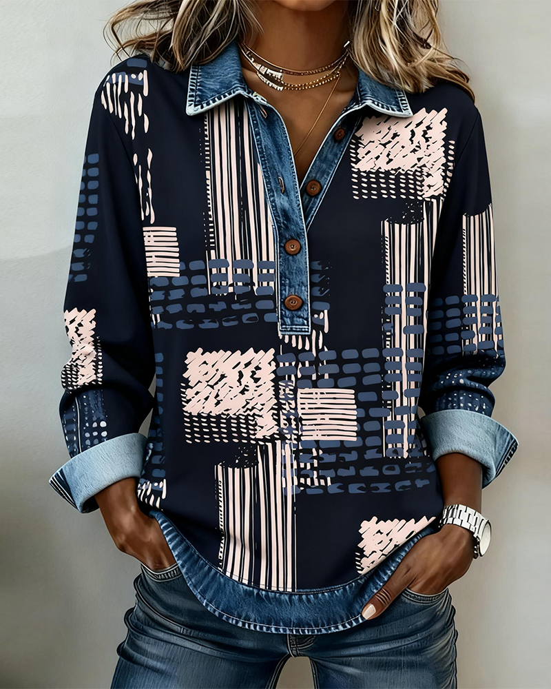 Button-Down Collar Printed Patchwork Sweatshirt