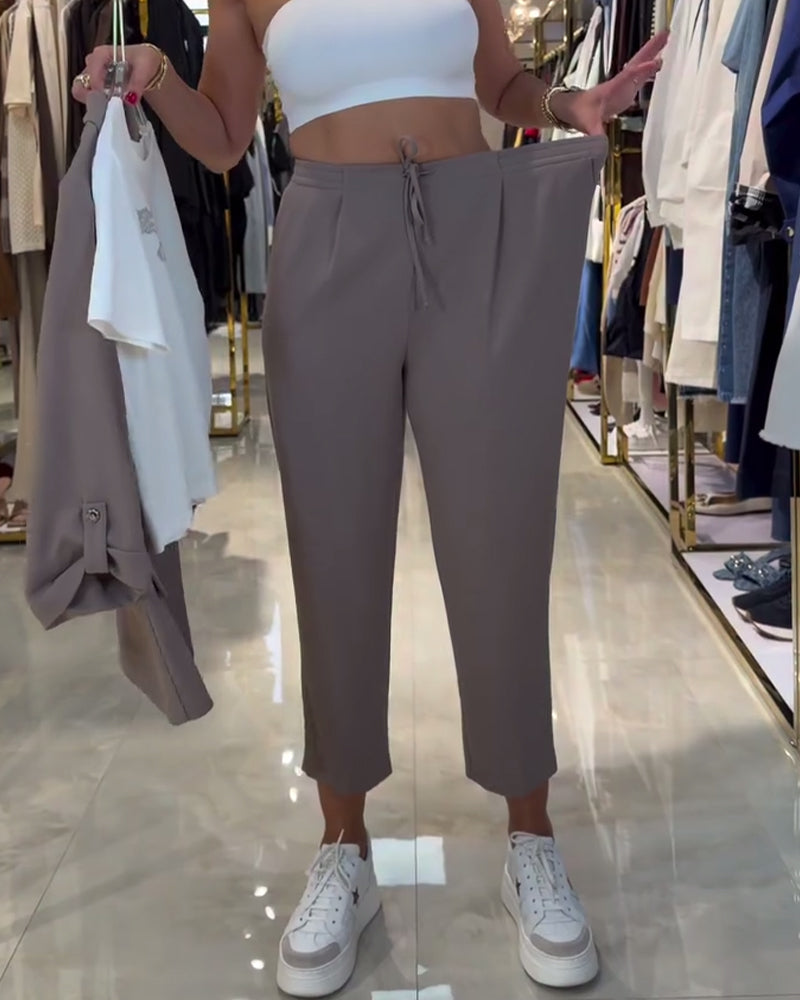 Solid-Color High-Waisted Drawstring Casual Pants