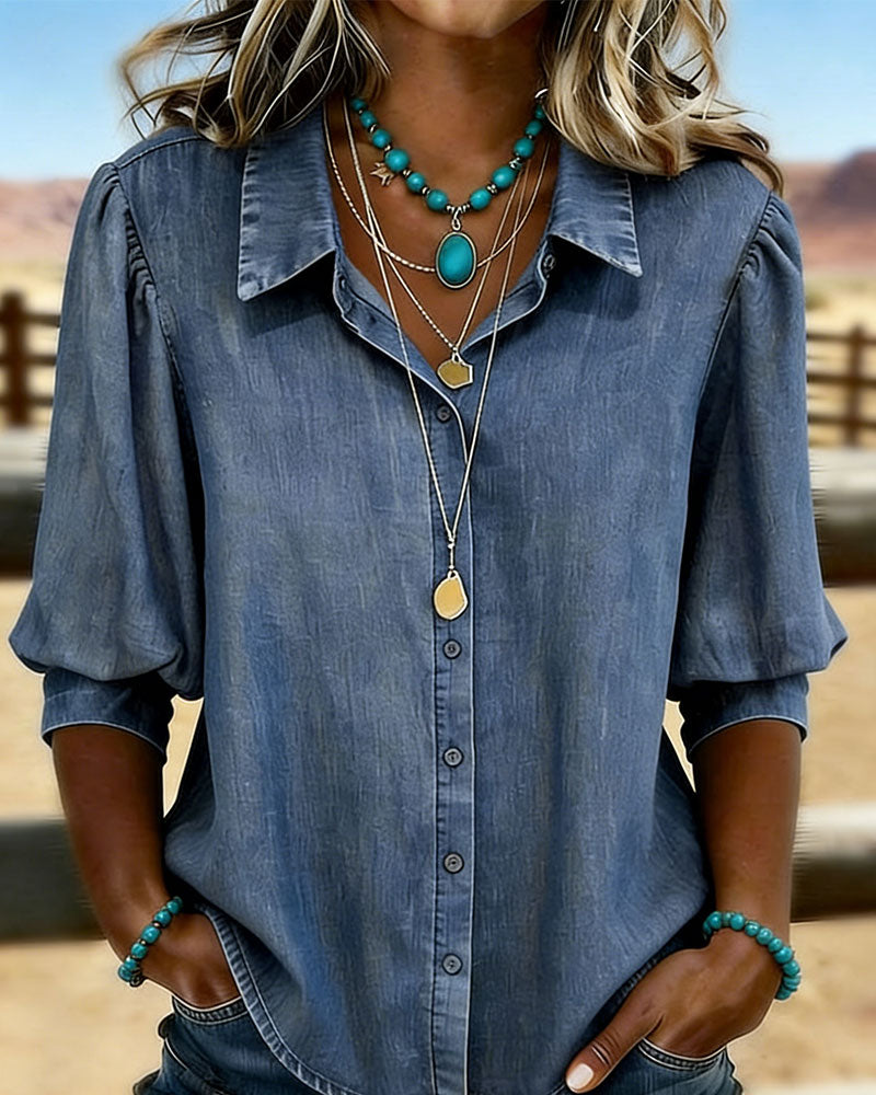Bubble Short-Sleeved Denim Shirt