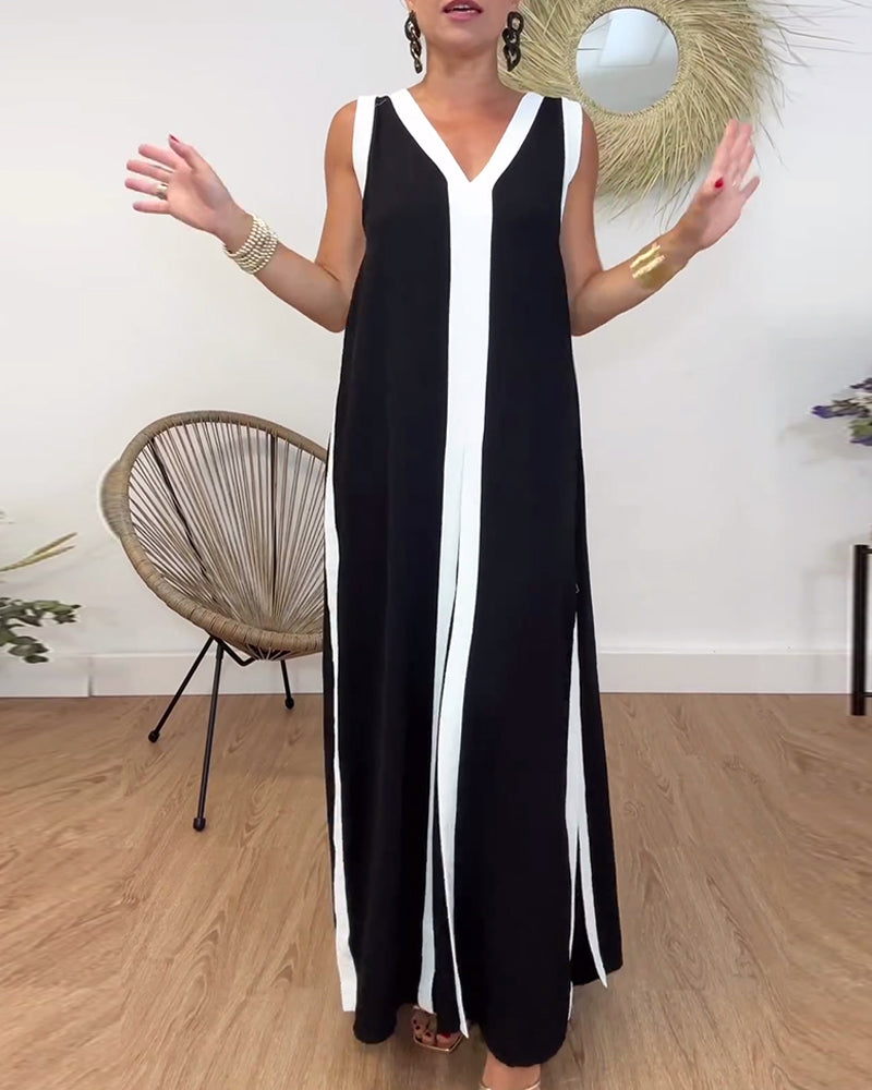 Fashionable contrasting print V-neck sleeveless dress