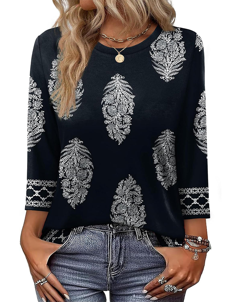 Printed Three-Quarter Sleeve Crew Neck Top