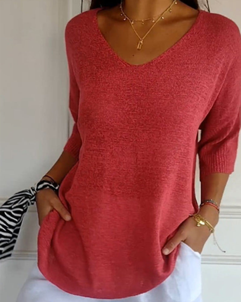 ๐ Solid Color Knitted Top With V-Neck