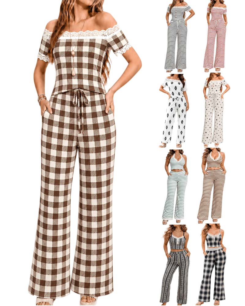 Off-Shoulder Lace Trim Stripe Wide Leg Pants Set