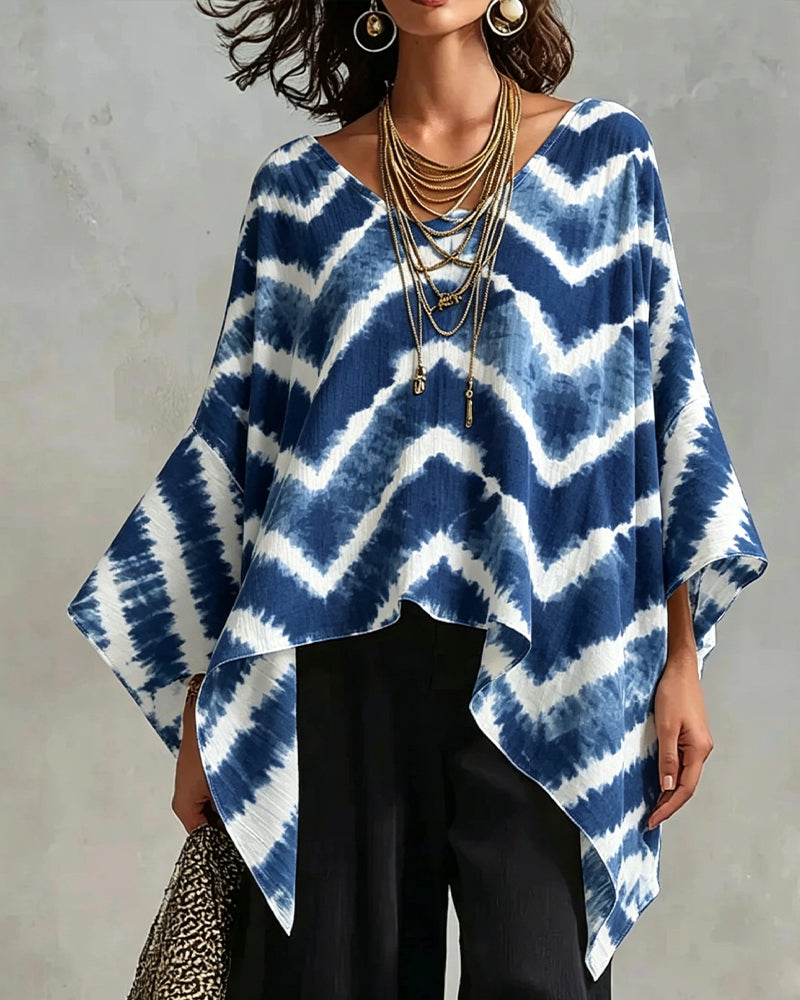 V-Neck Colorblock Patchwork Batwing Blouses