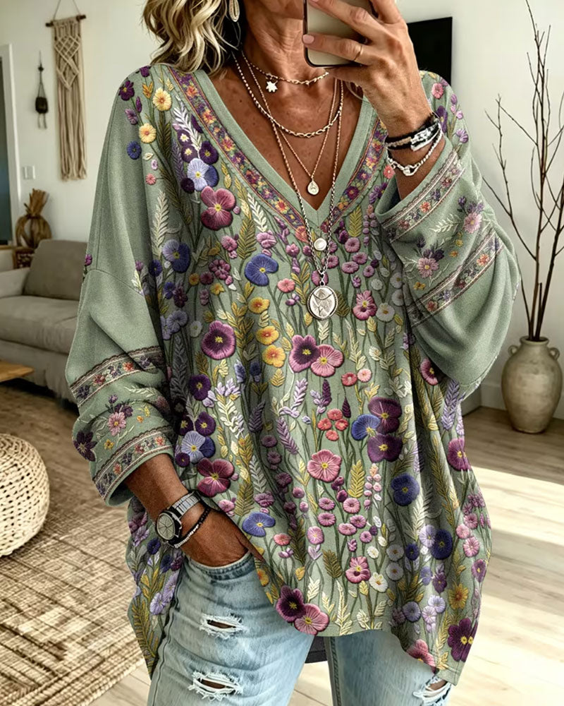 V-Neck Floral Loose Long-Sleeved Top