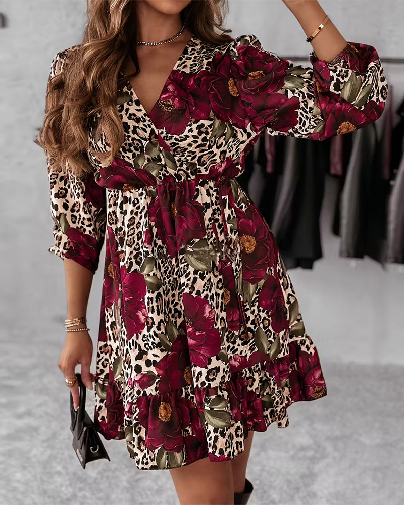 Floral Leopard Print V-Neck Dress