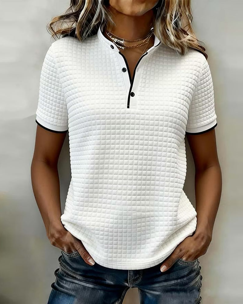 Waffle-Knit Button-Down Short-Sleeved Top