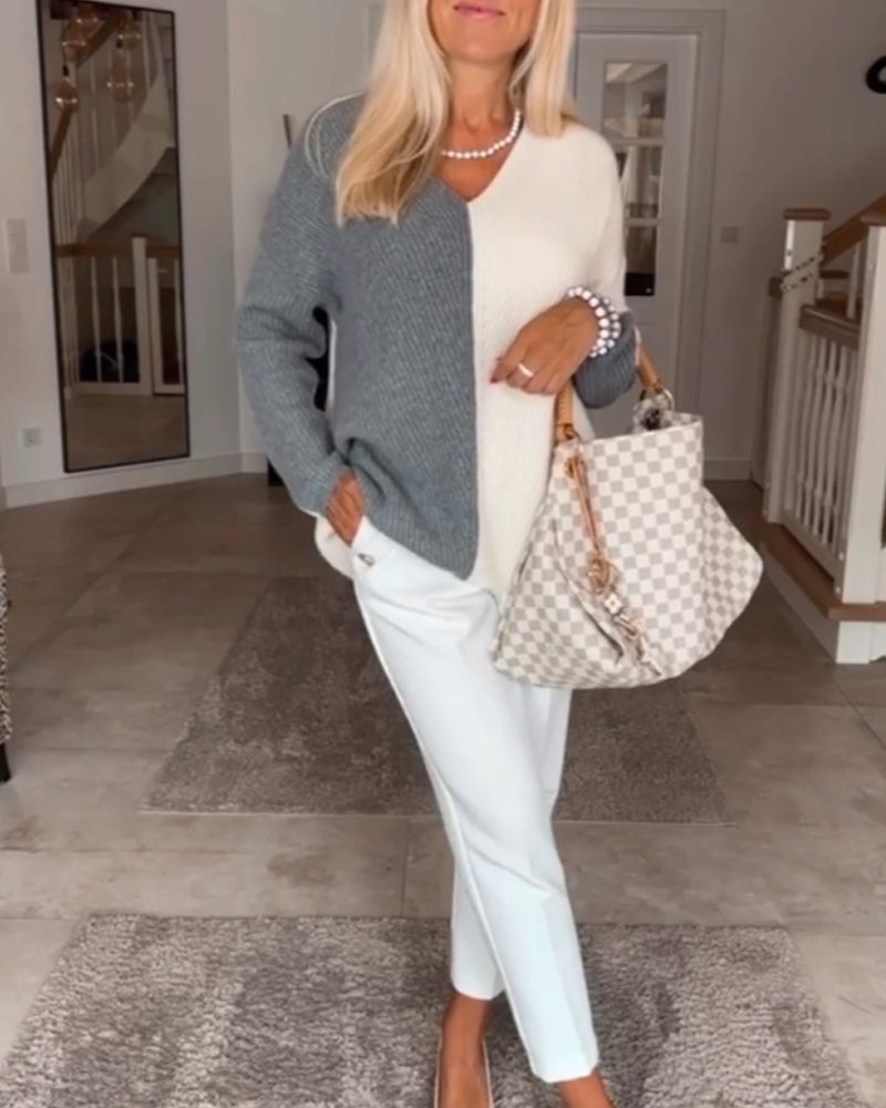 V-neck color block sweater