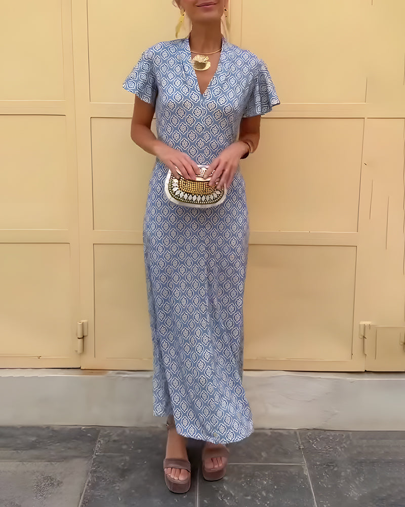 V-Neck Diamond Print Ruffled Sleeve Dress