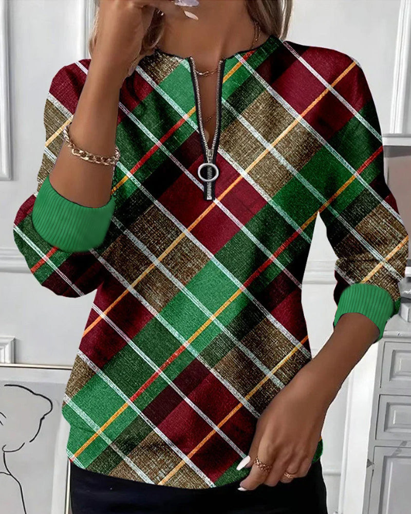 Half-Zip Plaid Long-Sleeved Sweatshirt