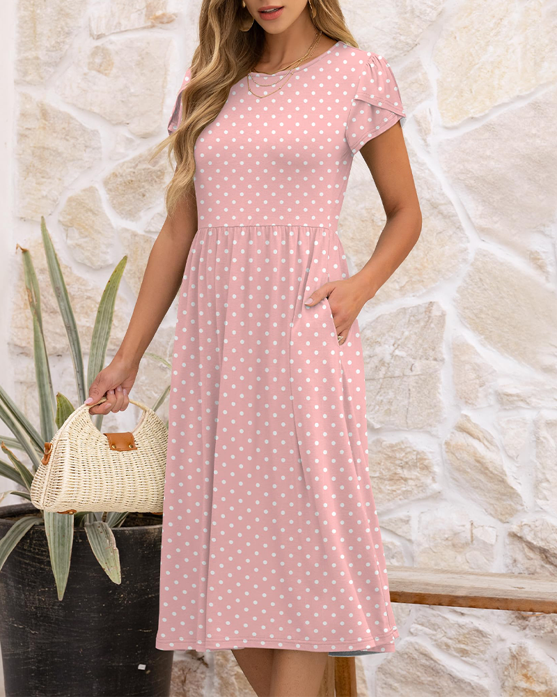 Polka Dot Round Neck Puff Sleeve Dress
