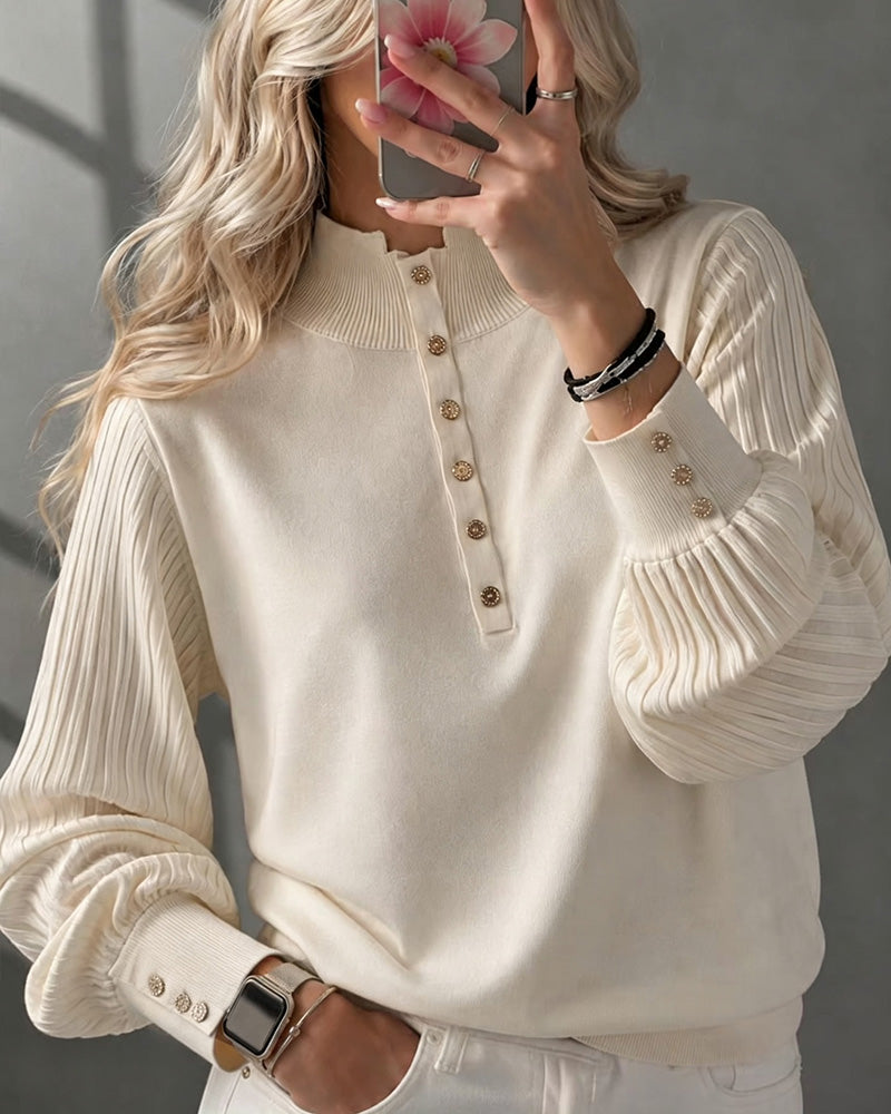 Turtleneck Button Ribbed Puff Sleeve Sweater Pullover
