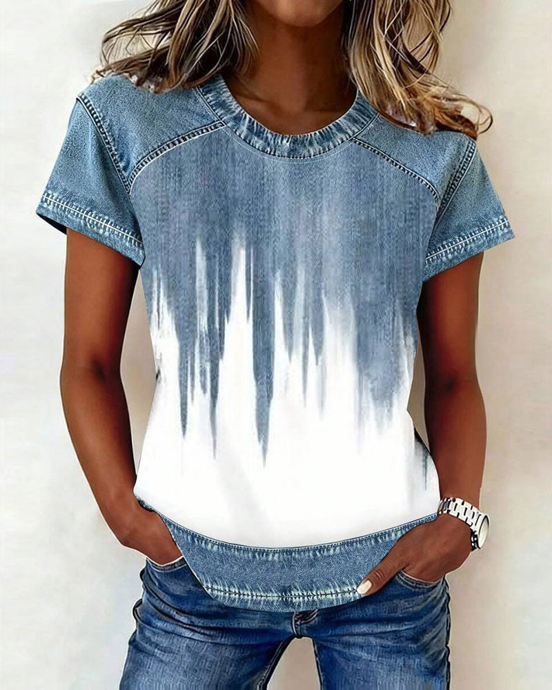 Denim Patchwork Tie-Dye Short Sleeve T-Shirt