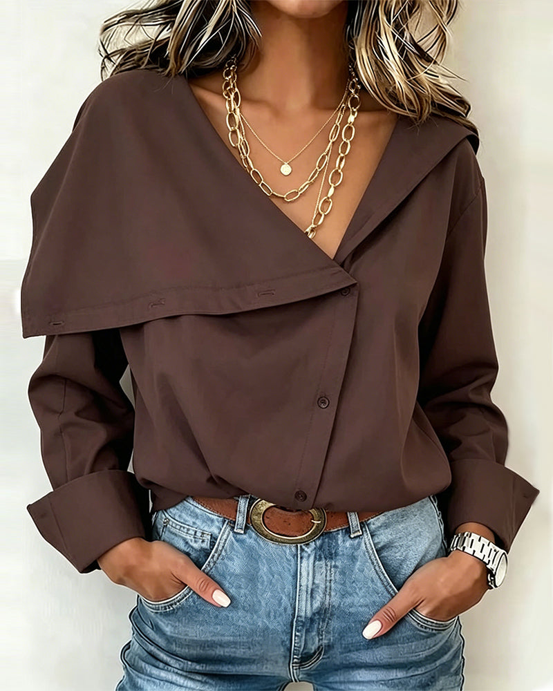 Deep V Asymmetric Button Lapel Blouse